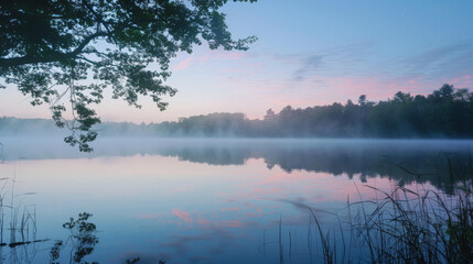 Fototapeta premium Pink Ribbon Reflected in Dawn Lake, Symbolizing Breast Cancer Awareness 