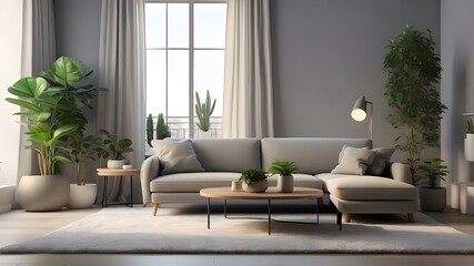 An artificial intelligence (AI) rendering of a gray-walled living room including a cozy sofa, a center table, carpet, drapes, potted plants, and a window that lets in light from a standing lamp