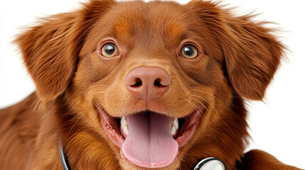 Happy dog with a stethoscope posing for the camera indoors