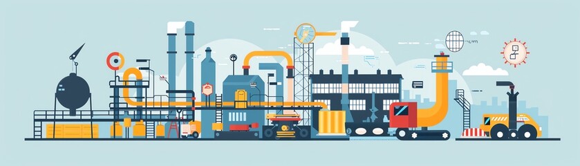 Illustration of an industrial factory with machinery, chimneys, and vehicles for production and manufacturing processes.