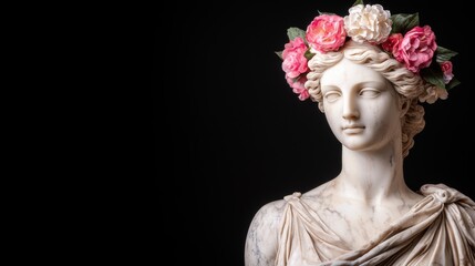 Marble statue of a woman with a floral crown