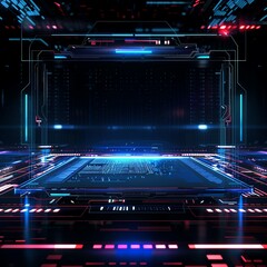 Obraz premium Futuristic digital interface screen, glowing with neon lights and advanced technology elements in a high-tech environment.