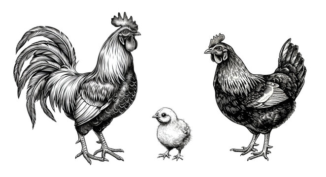 Rooster, hen and chicken pencil sketch. Vintage drawing of domestic birds on isolated background