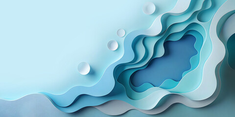 Fototapeta premium Abstract background. Paper cutting art in fantasy style with blue ocean wave shape concept of water and freedom. Minimal, Contemporary art, Digital art