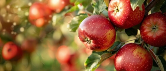 Image of large, bright red apples on a tree with green leaves, some slightly green. Background blurred, likely an apple orchard in autumn.