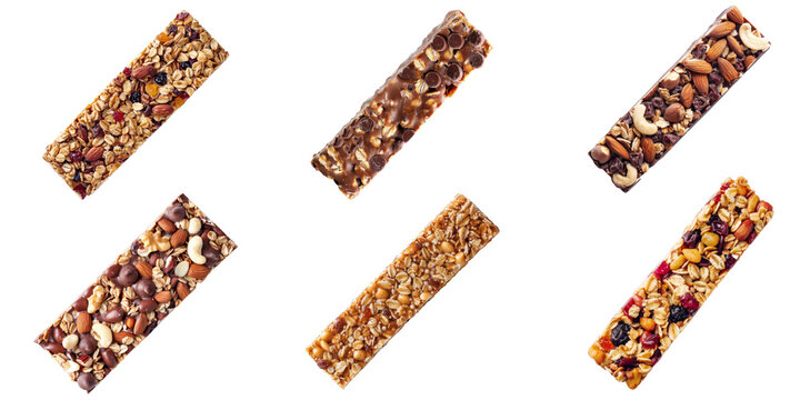 Set of Protein bar made from various of seeds, almonds and other nuts isolated on background, dairy healthy snack food.