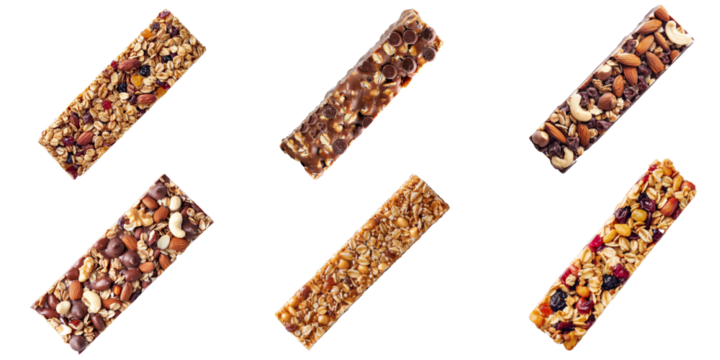 Set of Protein bar made from various of seeds, almonds and other nuts isolated on background, dairy healthy snack food.