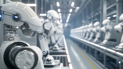 Fototapeta premium Industrial image: central white robot with circular element, background of identical robots on conveyor belt without circles. Yellowish light.