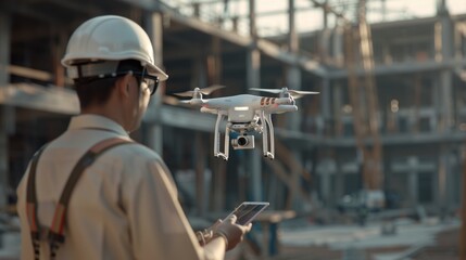 A man in a white helmet and glasses controls a white drone with a camera. He looks at the drone, frowning. A drone flies in front of a building under construction.