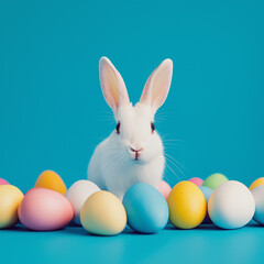 Fototapeta premium A curious white rabbit surrounded by colorful Easter eggs on a bright blue background. The rabbit's alert expression adds a playful and festive feel to the image.