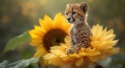 Cute animal wallpaper collection, Cheetah in bloom, Young cheetah cub perched atop a vibrant sunflower, blending nature's wonders