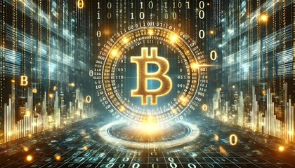 Golden Bitcoin symbol with digital binary code background