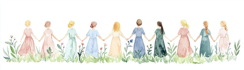 Diverse group of women, holding hands, united in strength, breast cancer awareness, Watercolor style