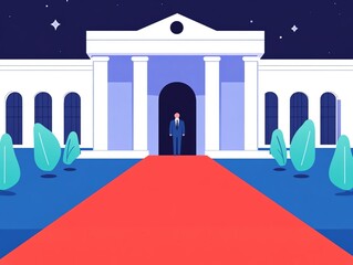 Fototapeta premium Man in suit standing on red carpet in front of a grand building at night.