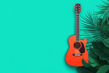 Fototapeta premium Acoustic guitar with tropical leaves on turquoise background.