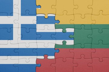 puzzle with the colourful national flag of lithuania and flag of greece.