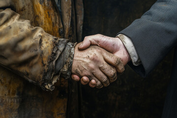 poor people with dirty shirt and rich man with suits shaking hand