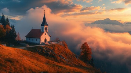Fototapeta premium A small church perched on a mountaintop at sunrise, with a blanket of clouds surrounding it.