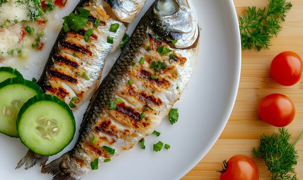 fish grilled as and cucumber slice , Generative AI