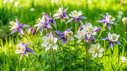 Delicate purple and white flowers of common columbine plant Aquilegia vulgaris sway gently in the breeze amidst lush green grass in a serene meadow landscape.