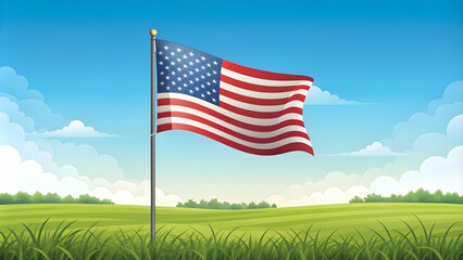 Simple flat vector illustration as Field with American flag and clear sky concept as A tranquil field with an American flag waving under a clear sky representing unity and hard work ideal for business