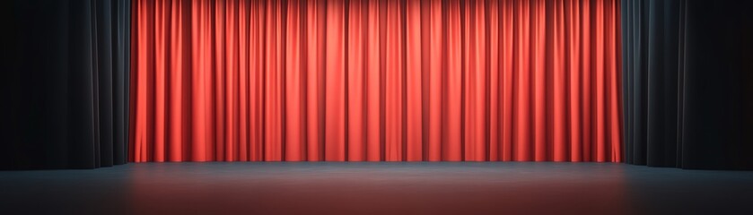 Red velvet curtains open on a dark stage, ready for a performance.