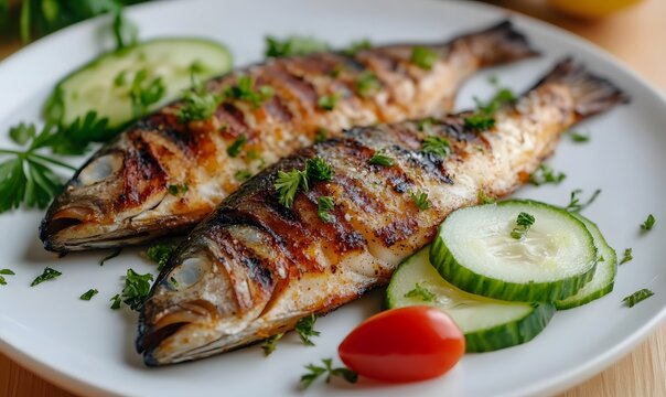 fish grilled as and cucumber slice , Generative AI