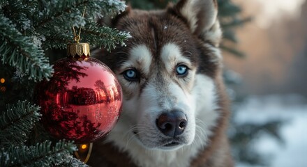 Cute animal wallpaper collection, Festive Husky, Siberian Husky with striking blue eyes next to a shiny red Christmas ornament