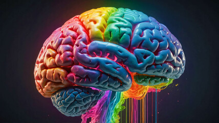 A photorealistic image of a brain colored in vibrant rainbow hues, symbolizing creativity, diversity, or mental health