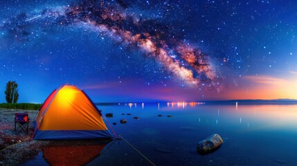 Tent Camping by Lake Under Milky Way Sky
