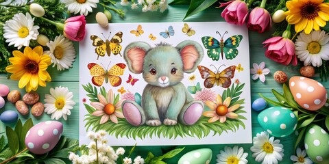 Fototapeta premium Adorable Easter scene featuring a watercolor bunny, eggs, teddy bear, elephant, flowers, and butterflies on a white background, creating a whimsical floral postcard design.