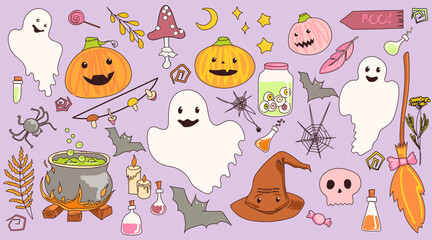 Fototapeta premium Set of Halloween symbols with broom. boiler bottles of potions and ghosts. Pumpkins and bats with spiders. of course, here too. Everything is in nice gray-pink colors. Vector illustration
