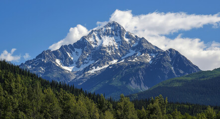 Naklejka premium A mountain with snow on it and trees in the background