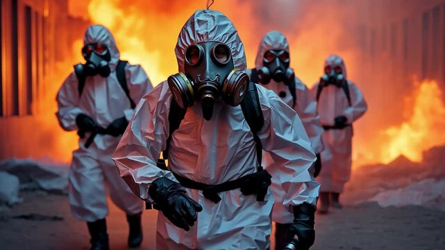 Friends from different cultures escaping from strange persons in ppe suits and gas masks in an escape room