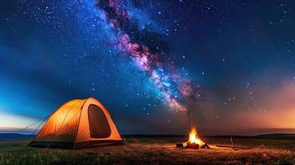 Night Camping Under Milky Way with Campfire