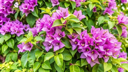 Vibrant purple bougainvillea flowers cascade down a lush green bush, its stems and leaves climbing upwards against a crisp white or transparent background.