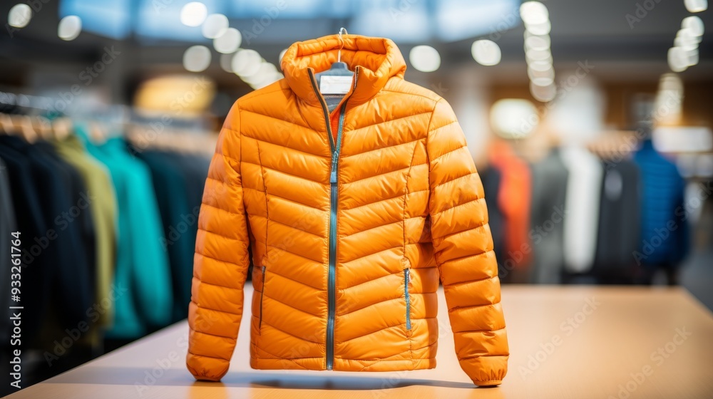 Wall mural vibrant orange down jacket close up in retail store for stylish winter fashion seekers