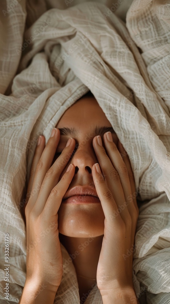 Poster a person relaxes with their hands on their face, surrounded by soft fabric in a calm and tranquil en