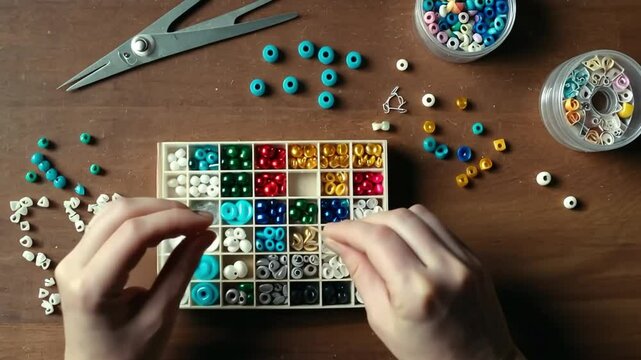 Artisans creating handmade jewelry with close-up shots of hands crafting delicate designs, stringing beads, and shaping metals. Ideal for artisan markets and product promotions.