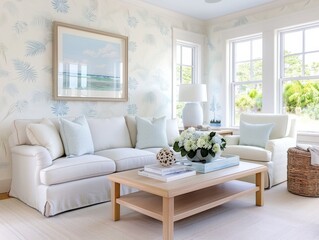 Bright Living Room with White Sofa and Coastal Decor