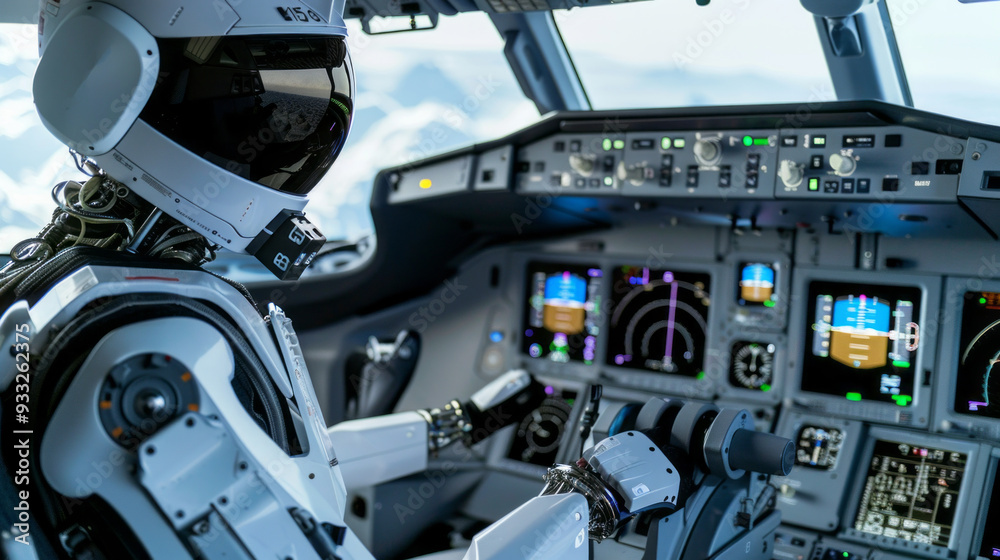 Aufkleber A robotic pilot commands a high-tech aircraft cockpit, surrounded by screens and controls in a bright sky environment