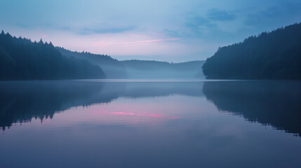 Fototapeta premium Dawn at lake with pink ribbon reflected on still water 