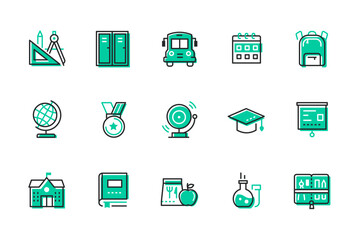 Beginning of the school year - set of line design style icons isolated on white background. High quality images of bus, locker, briefcase, globe, bell, medal, book, pencil case and stationery