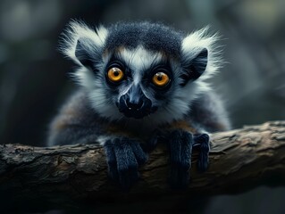 Fototapeta premium A close-up of a lemur with striking orange eyes perched on a branch in a dimly lit forest
