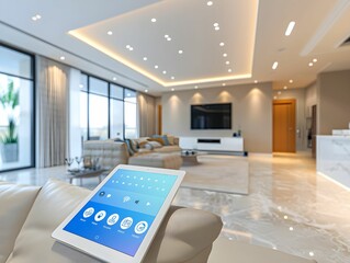 Modern living room with tablet control in luxury apartment during daytime