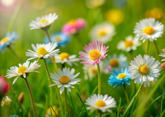 Fototapeta premium Vibrant tiny daisy blooms in shades of white, pink, and blue sway gently in a lush meadow under a serene cloudy sky on a sunny spring day.