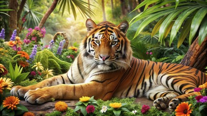 Majestic tiger lounges amidst vibrant exotic flowers and lush green foliage in a serene jungle setting, its orange fur blending with nature's kaleidoscope.