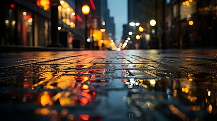 a wet brick sidewalk with lights on it. 