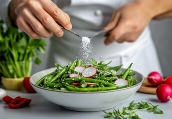 Chef adding salt to green bean and radish salad