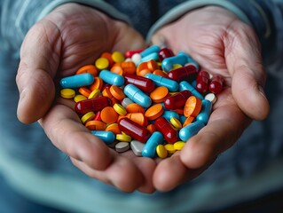 Hands holding a variety of colorful pills and capsules in natural light
